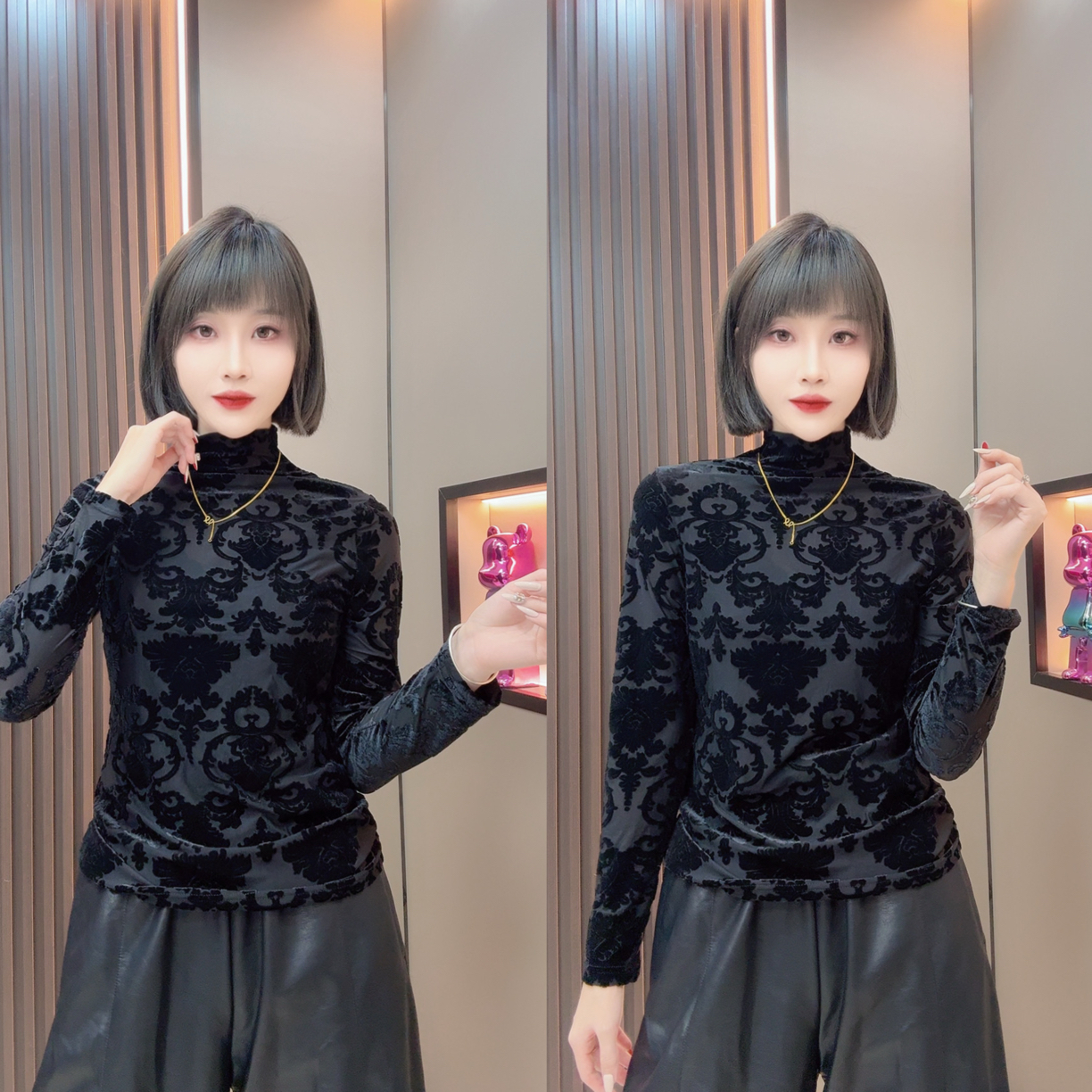 敏宝儿➕高领长袖植绒烧花显瘦洋气打底衫