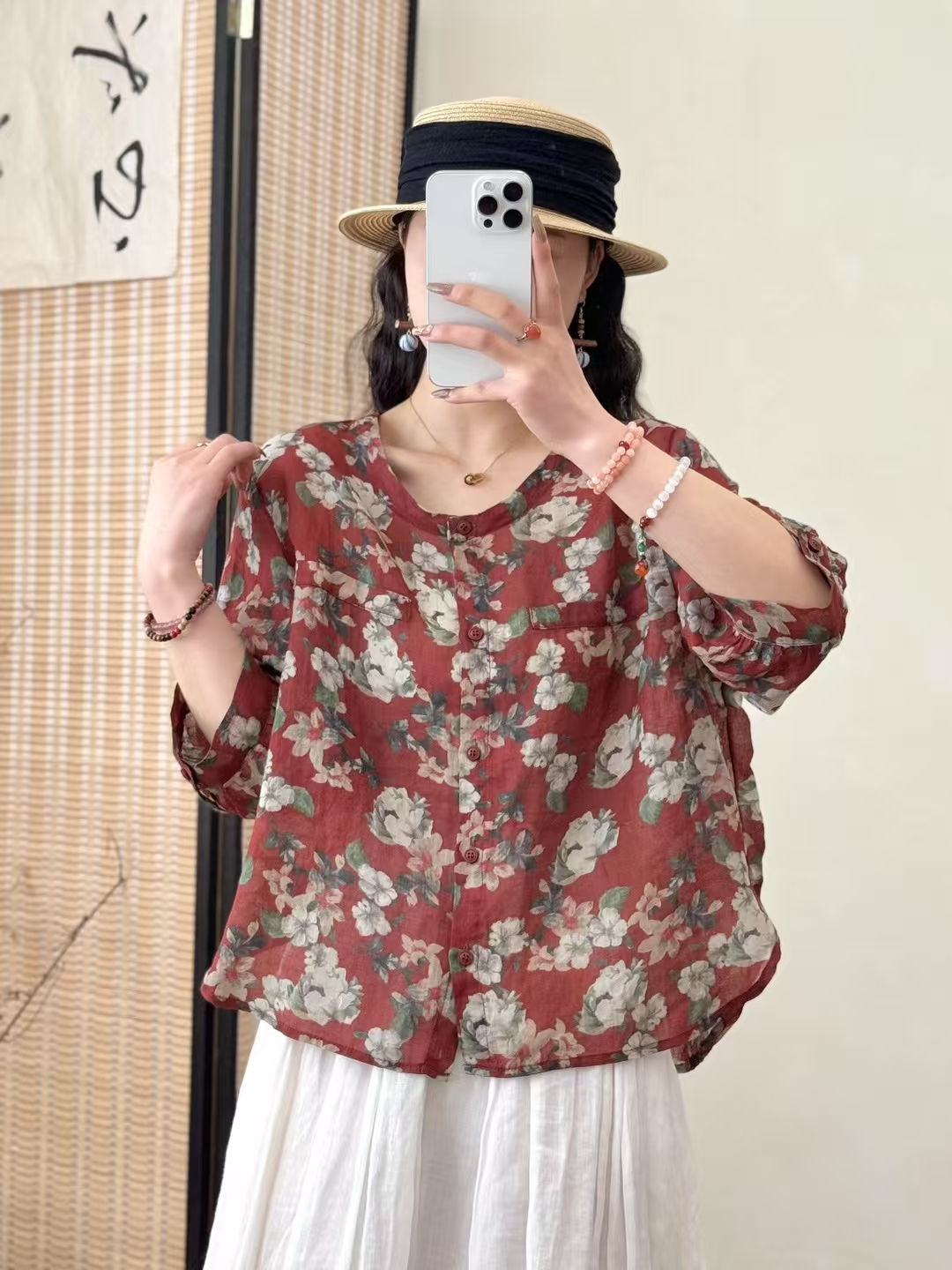 瑞瑞文艺复古苎麻印花衬衫宽松显瘦小衫轻薄开衫外搭