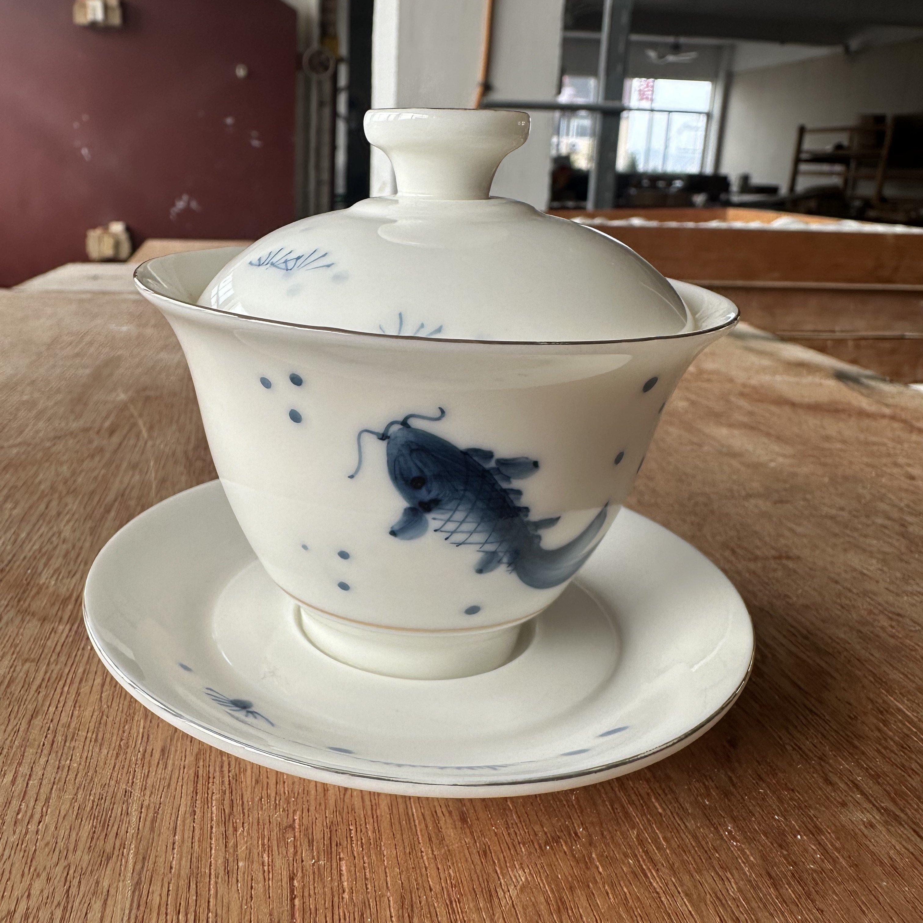 盖下135毫升手绘青花鱼盖碗微瑕