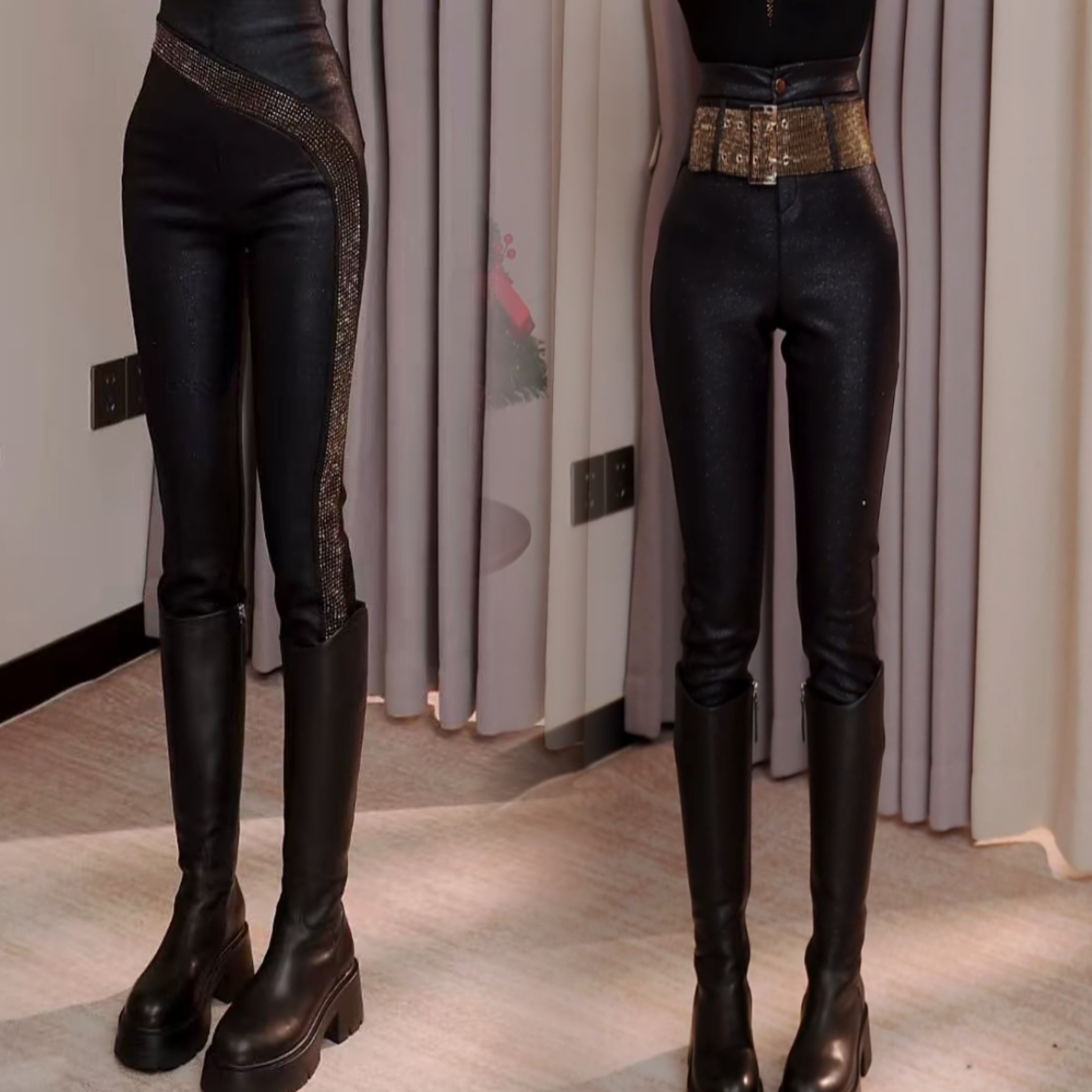 冬季新款时尚原创设计烫钻小脚裤修身显瘦加绒加厚保暖皮裤