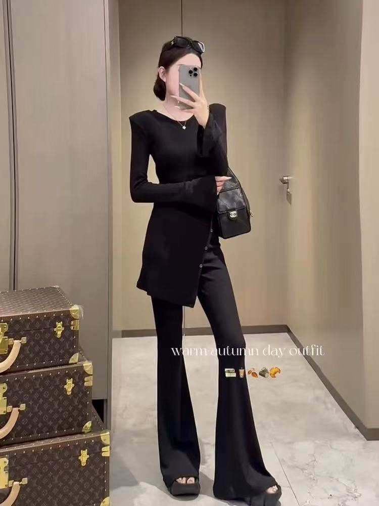 加绒加厚纸片人套装开叉上衣微喇裤胖mm2025秋冬显瘦宽松大码女装