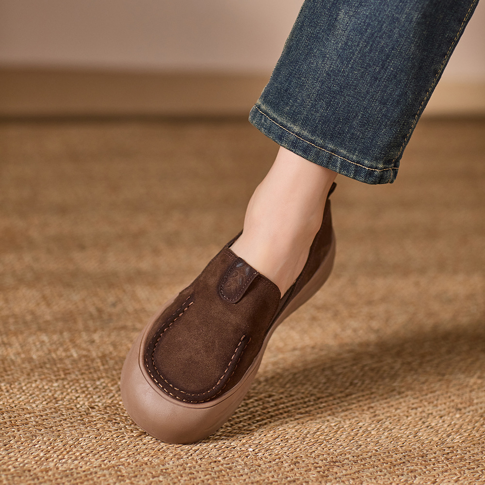 2025头层牛皮鞋舒适休闲百搭软底复古英伦风平底圆头春秋款妈妈鞋