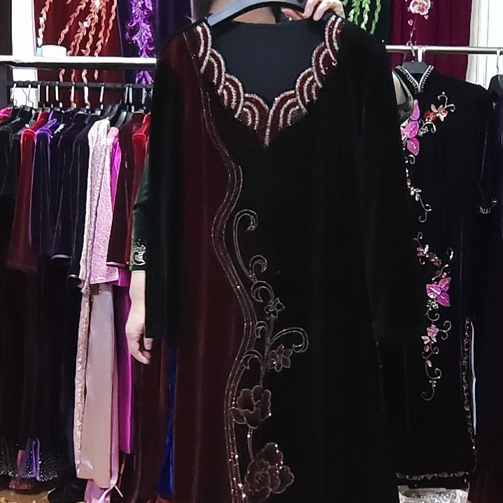 黑色金丝绒v领重工中长连衣裙xl115-125内2XL120-135内