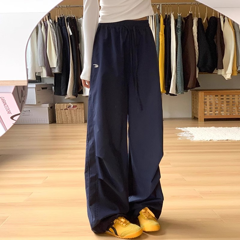 藏青色工装裤女初秋季2025新款宽松直筒休闲速干小个子刺绣阔腿裤