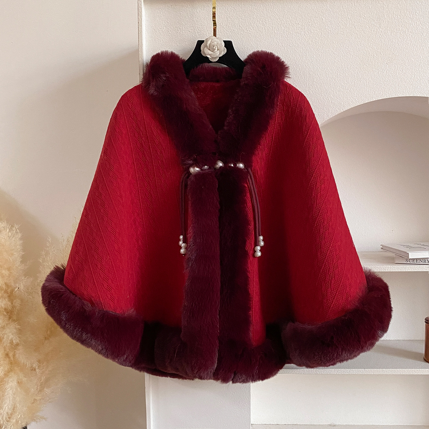 国风旗袍汉服外搭披肩加绒加厚毛领针织小外套保暖短款斗篷女披风