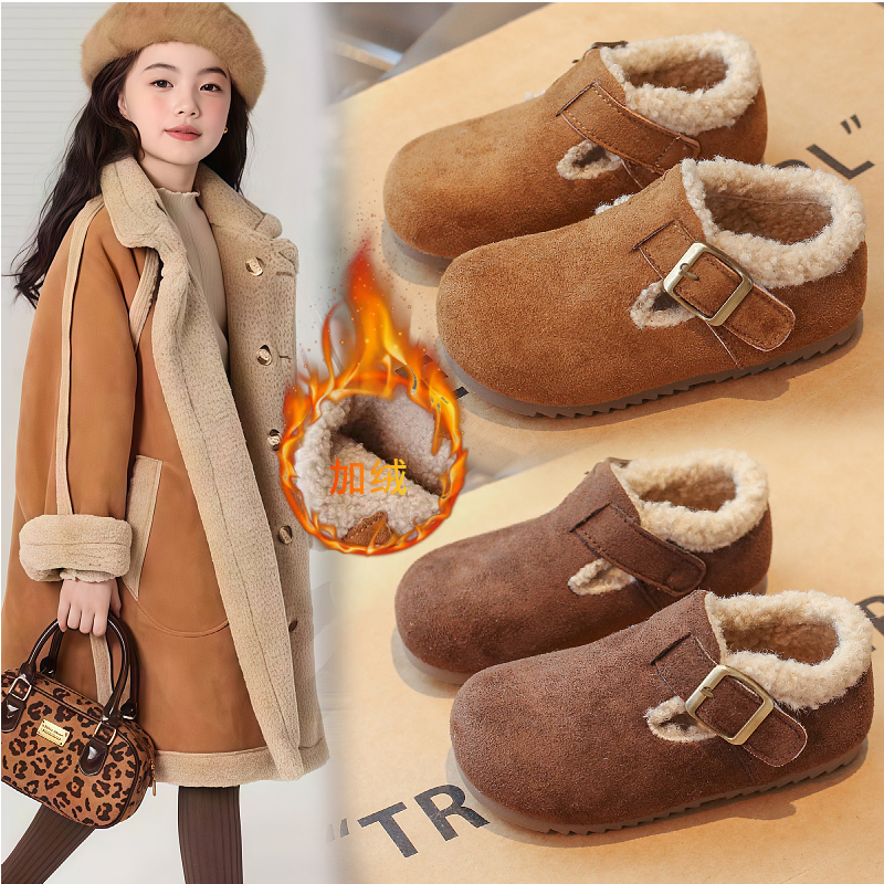 女童加绒棉鞋子男童儿童勃肯鞋2025秋冬季新款毛毛加绒宝宝冬鞋