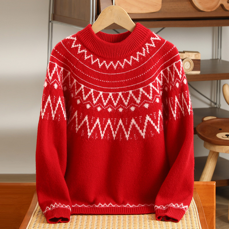 新年红刺绣半高领儿童羊毛衫毛衣男女童装打底衫保暖加厚针织衫