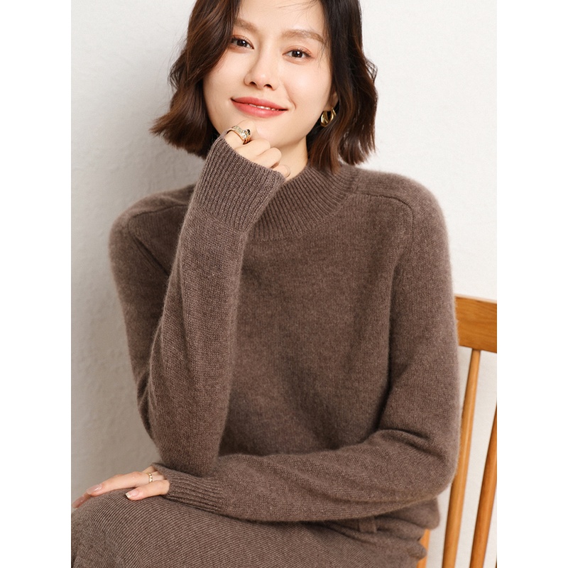 23秋冬新款半高领纯色套头100%纯羊毛衫女士宽松长袖毛衣百搭上衣