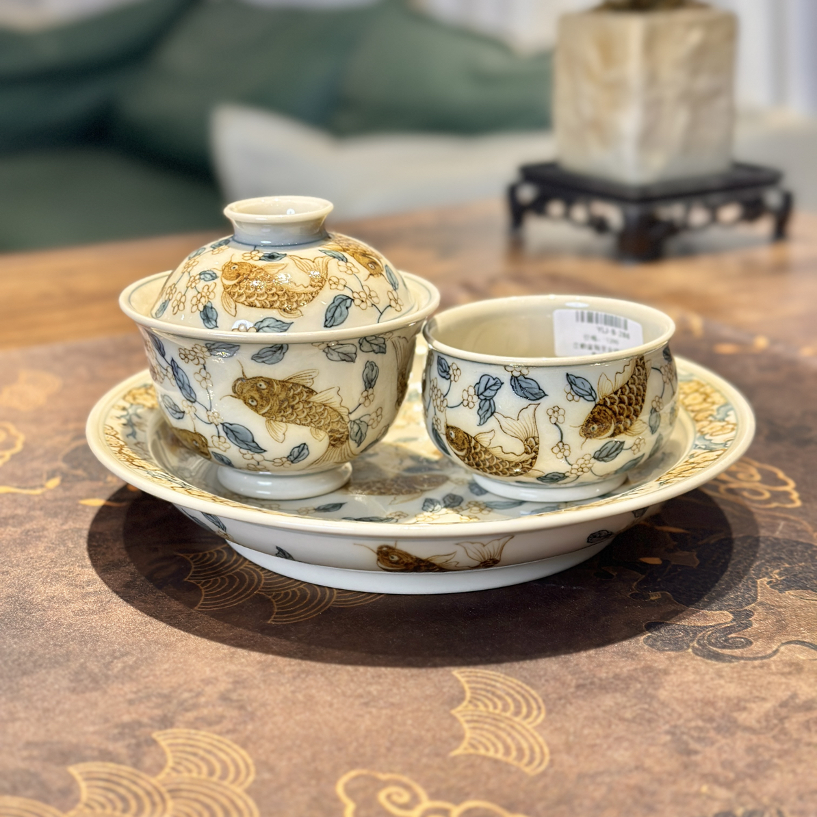 景德镇立勤堂手工手绘青花釉里金锦鲤衔春高档茶具中式家用办公