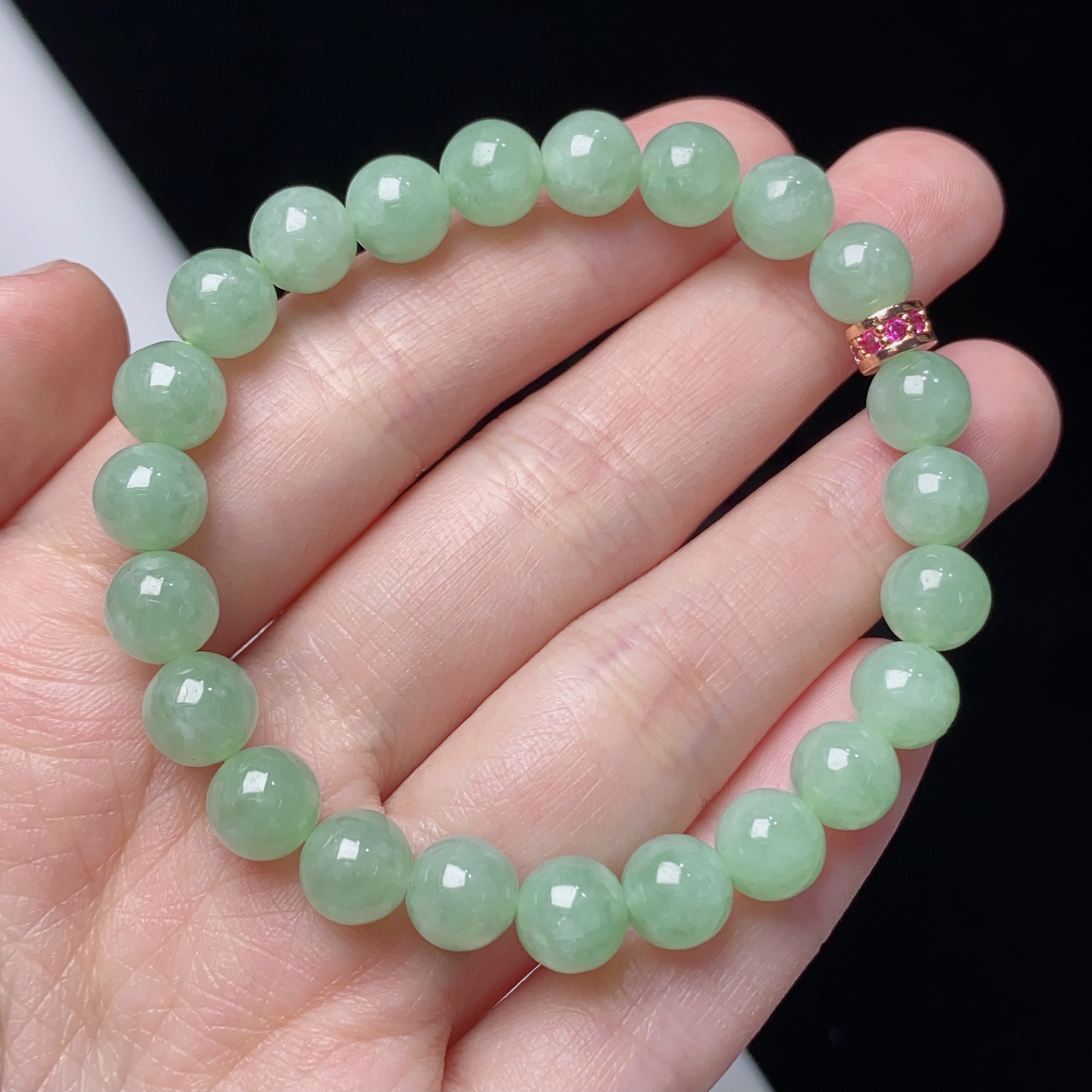 缅甸天然翡翠A货冰种果绿圆珠手链卡7.8mm绿色玉手串冰透