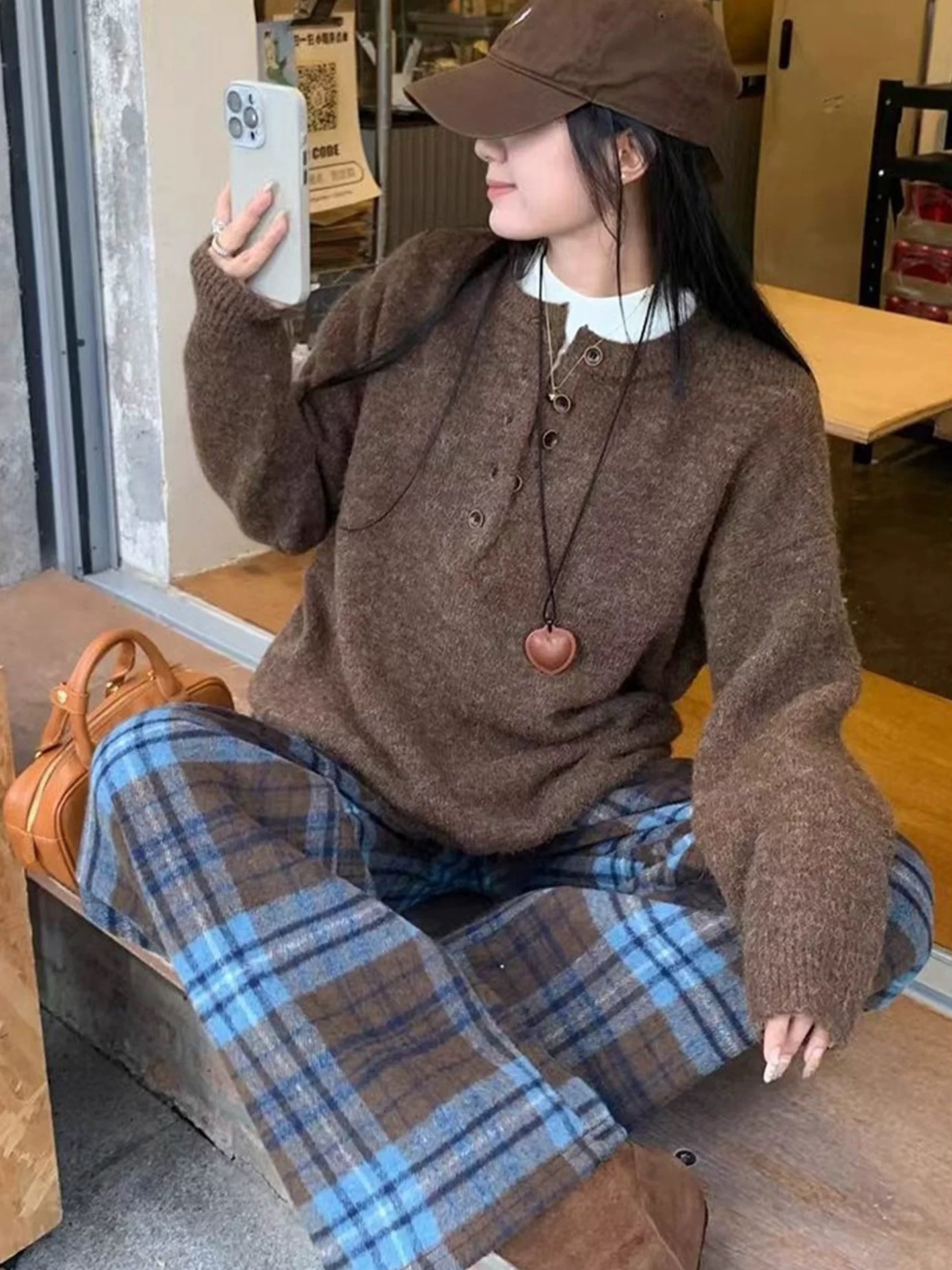 【济州岛】秋冬新款加绒蓝咖格纹休闲裤