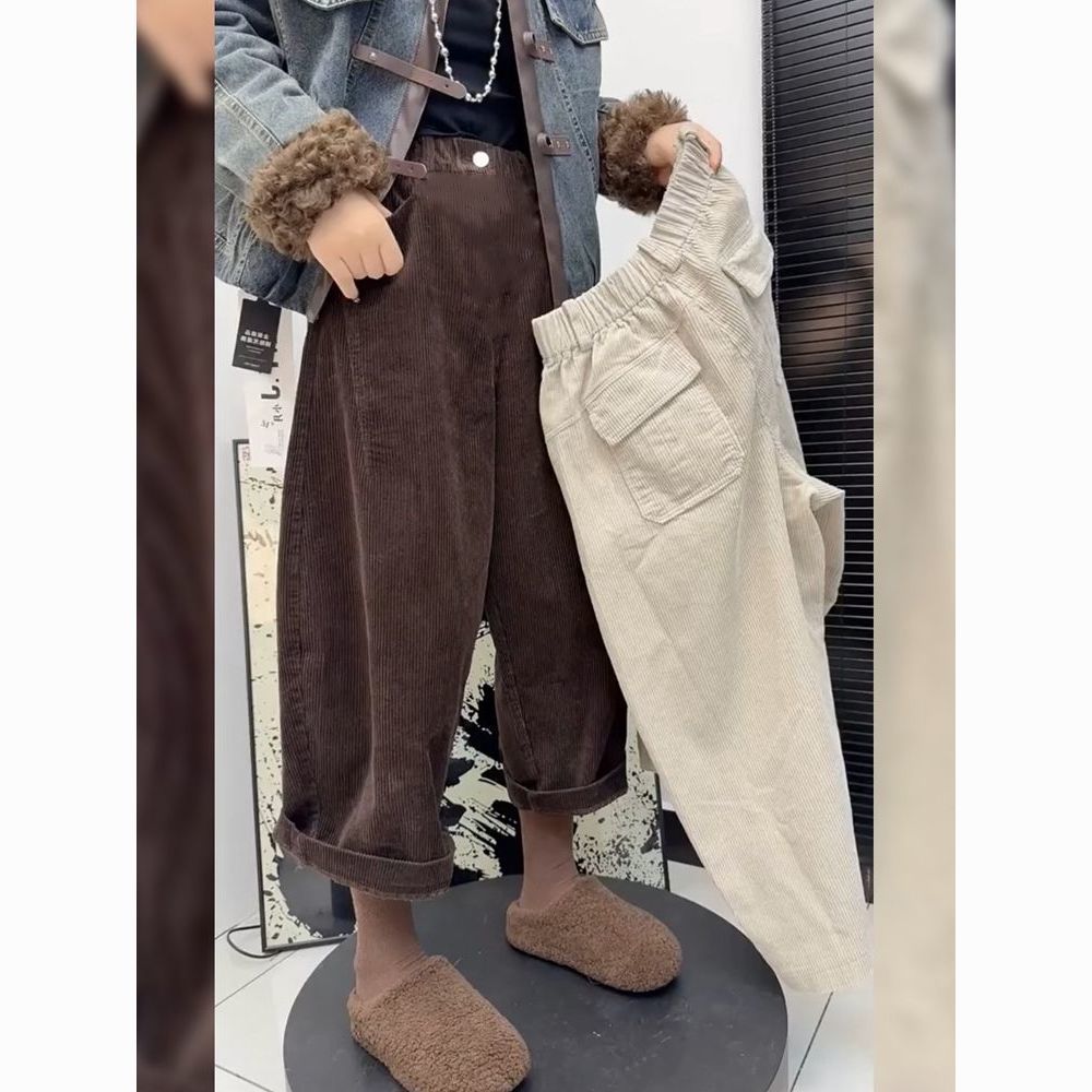 秋冬新款松紧腰条绒加绒加厚大码女装时尚百搭阔腿休闲裤女显瘦