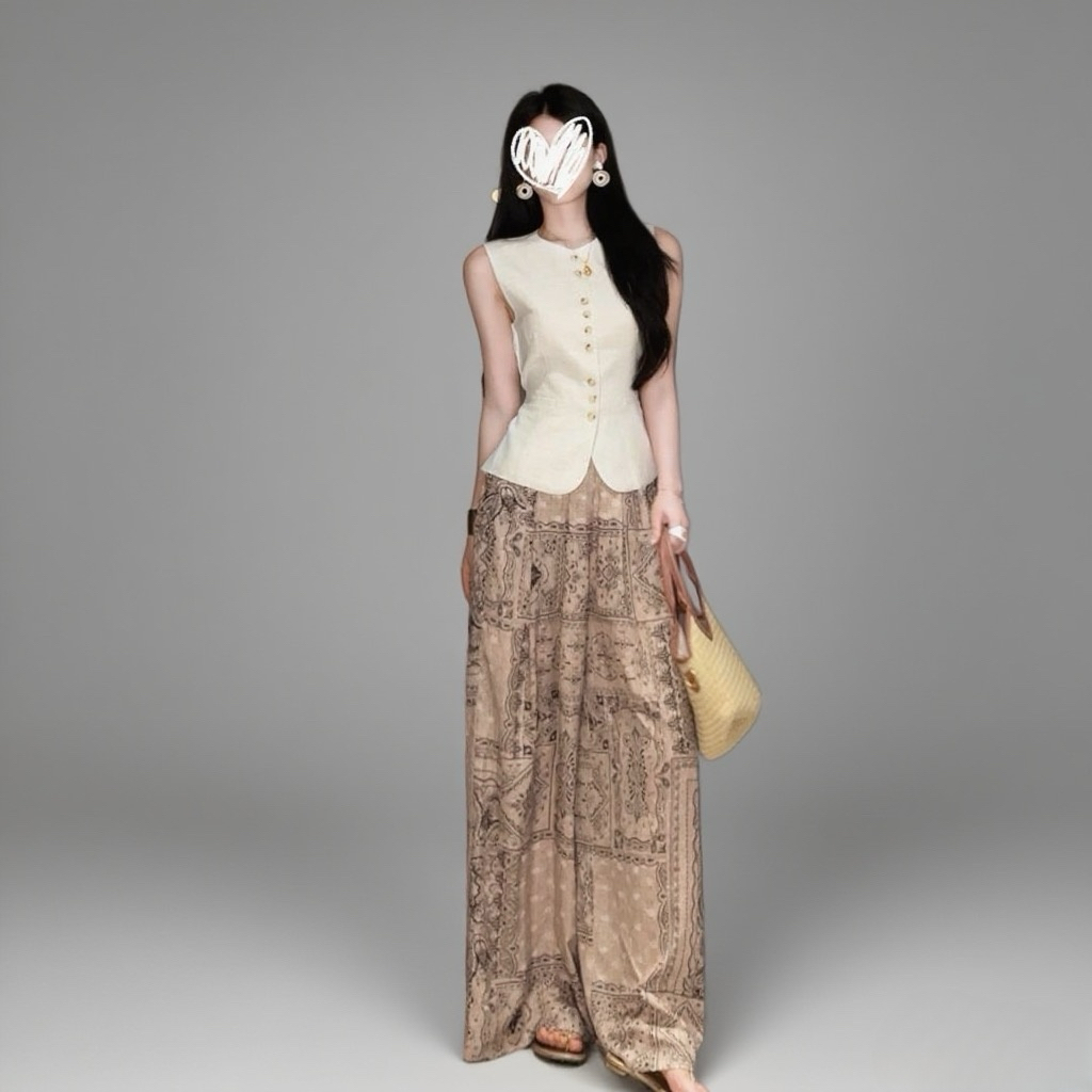 气质老钱风小圆领马甲女上衣+印花直筒阔腿裤Q186