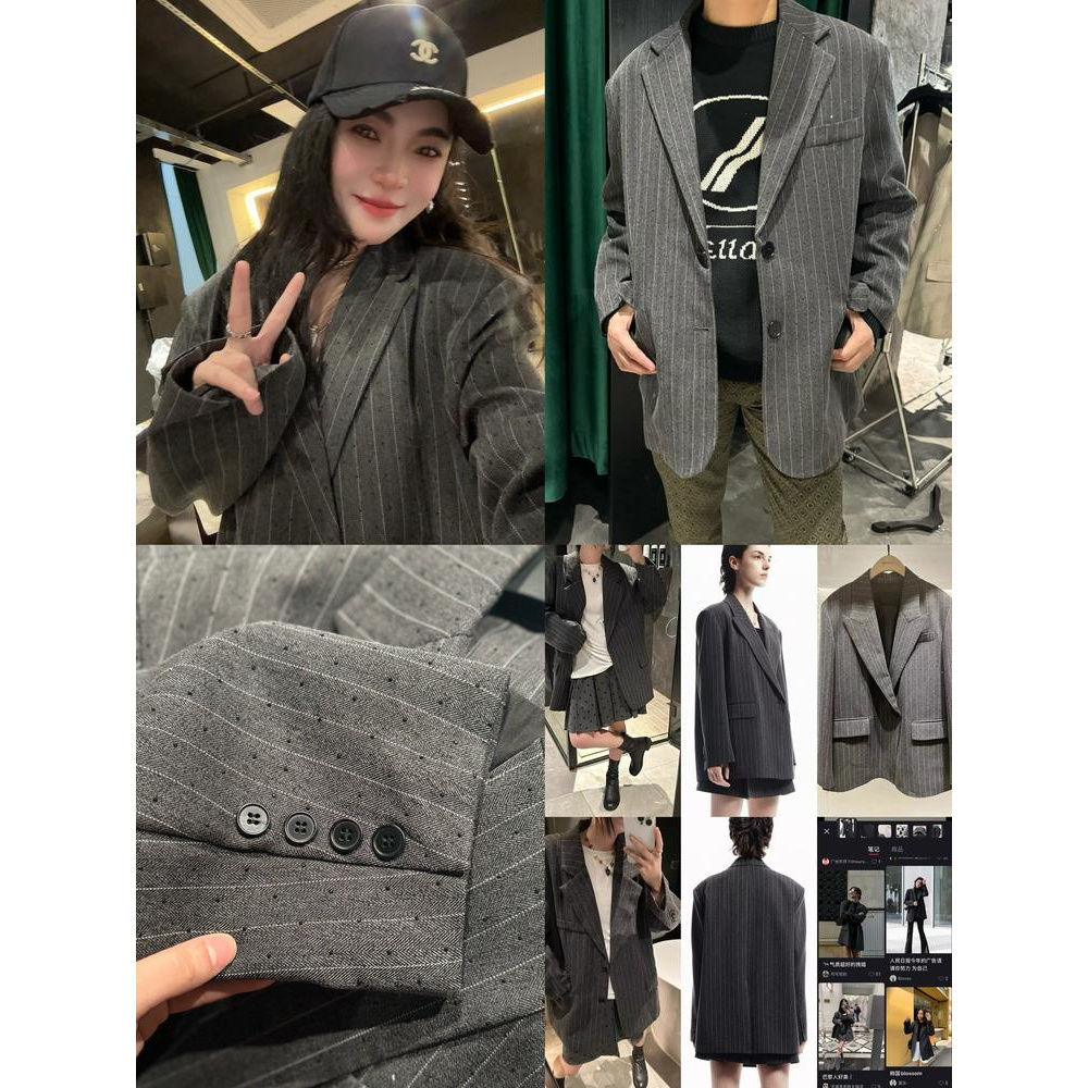 27442-春秋商务斑点条纹立领长袖西装外套