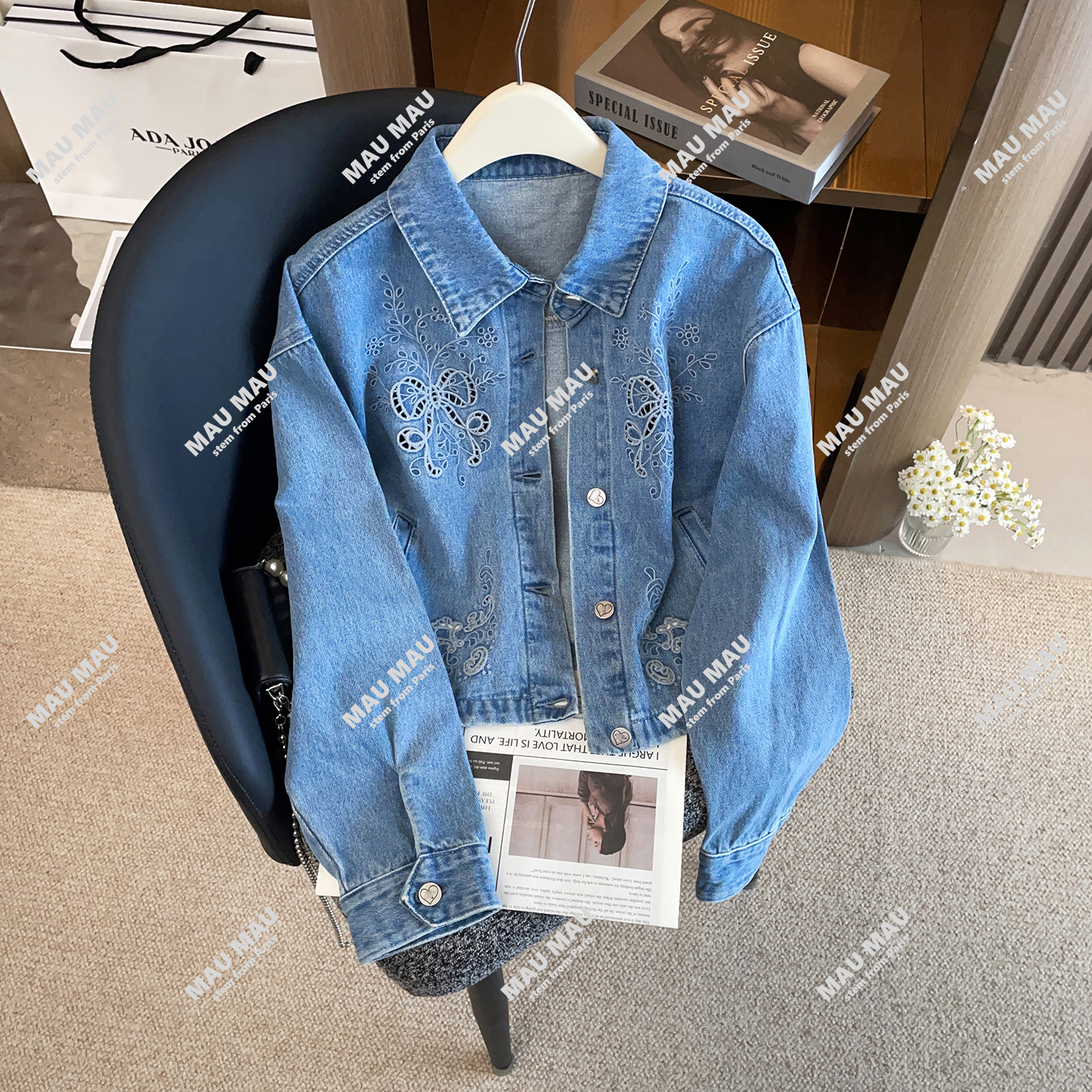 新款复古牛仔风镂空绣花短外套女蓝色夹克MAU1909