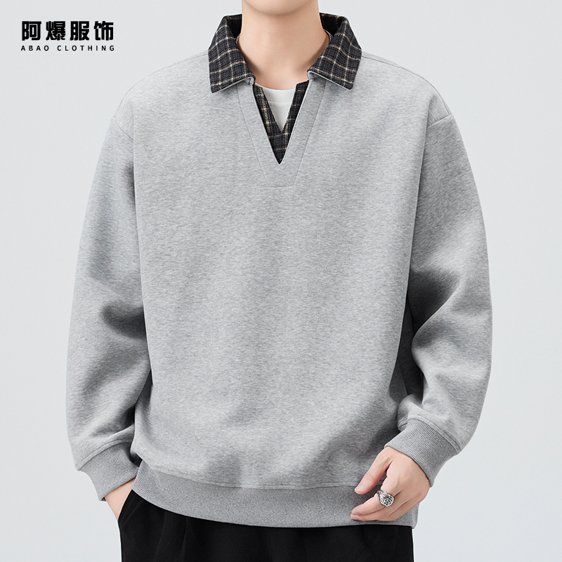 【阿爆服饰】假两件格纹翻领重磅卫衣男士秋冬新款宽松百搭长袖上衣