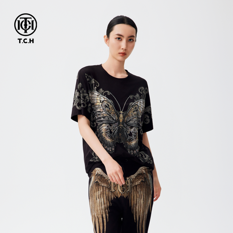 TCH轻奢烫钻工艺时尚休闲黑色圆领短袖T恤男女T72C106026tch