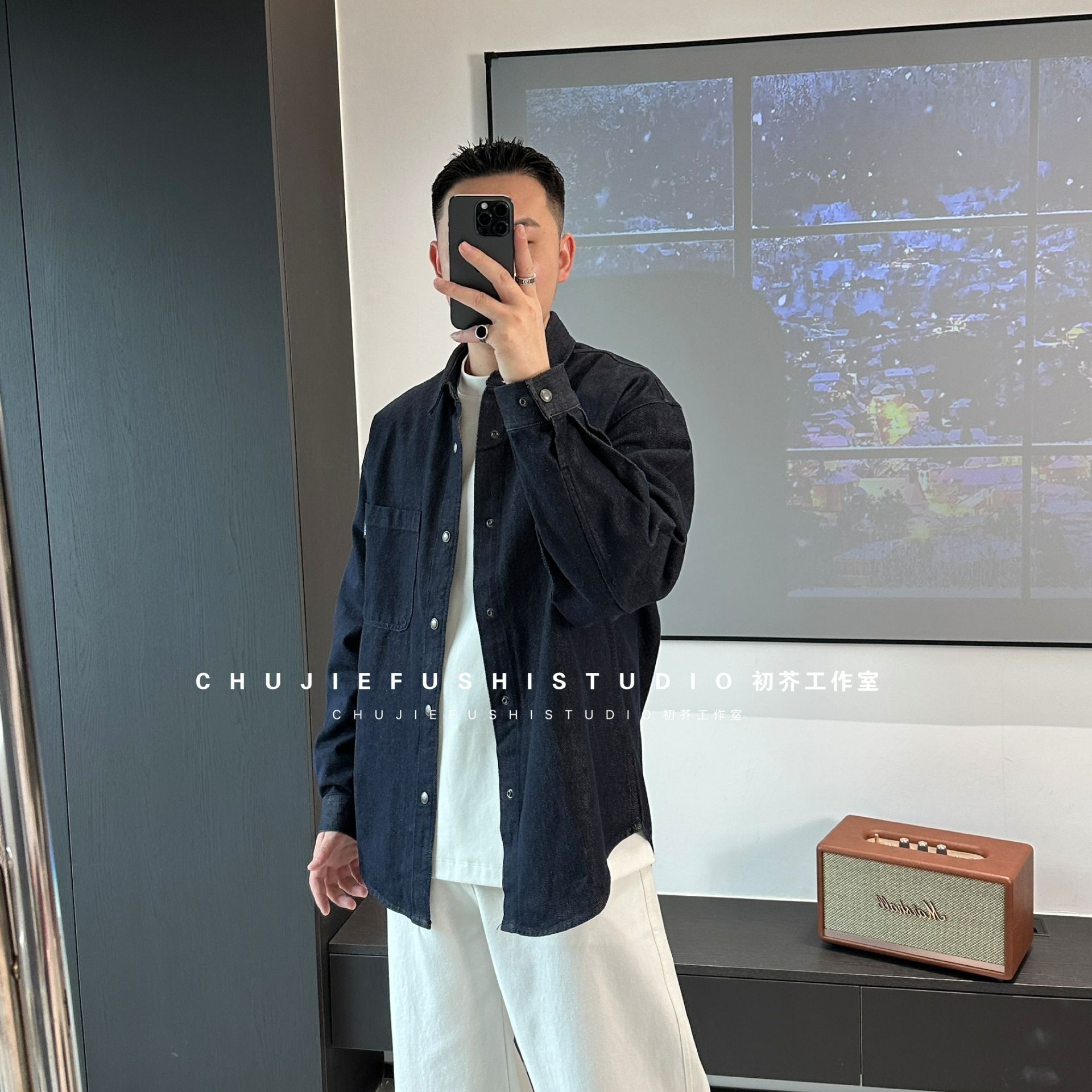 CHUJIE秋季美式复古原牛水洗工艺定制纽扣阔版牛仔衬衫外套男