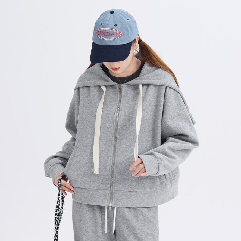 【C】大码女装秋季灰色卫衣双头拉链外套长袖 2112