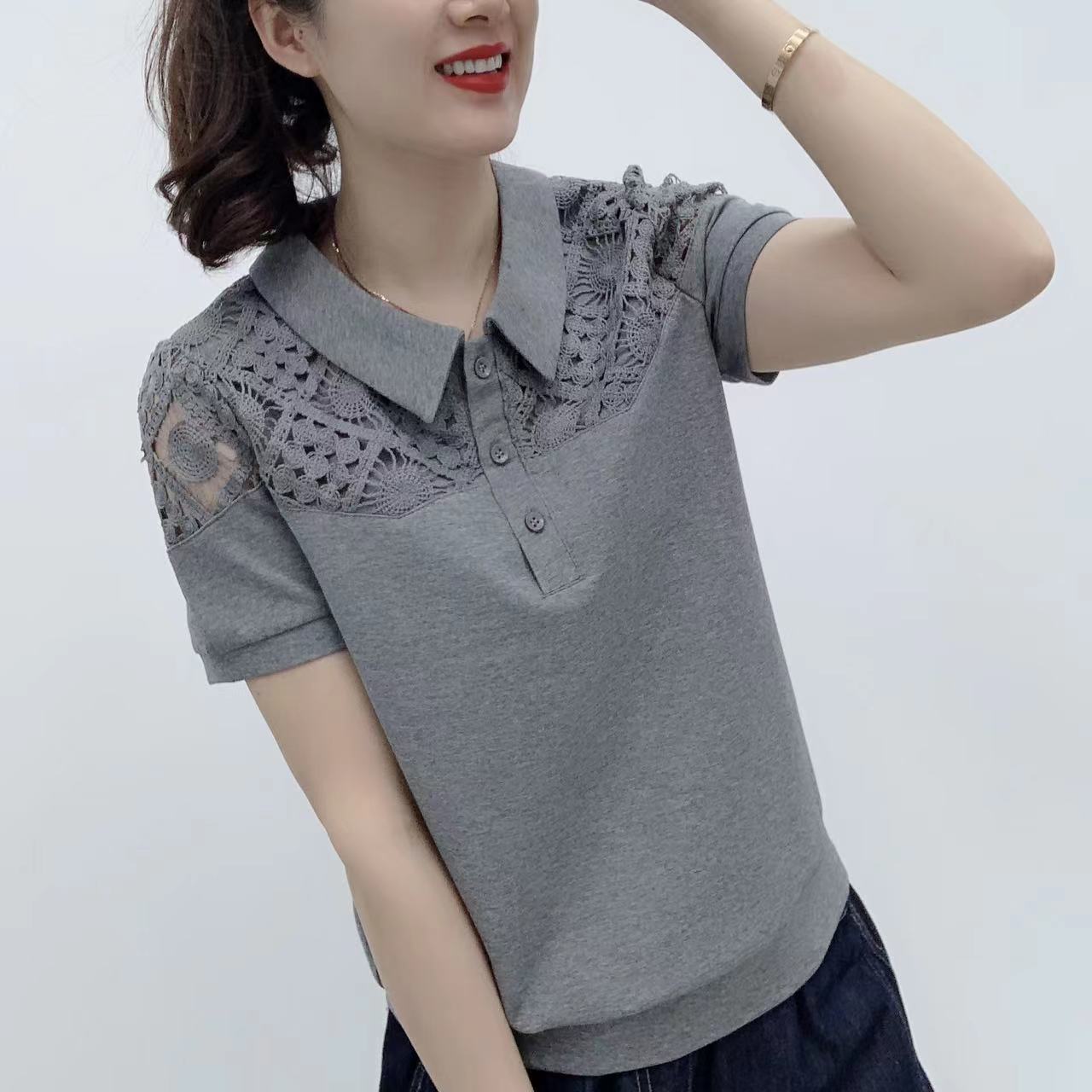 夏季新款设计感绣花蕾丝拼接显瘦法式温柔风翻领女士短袖