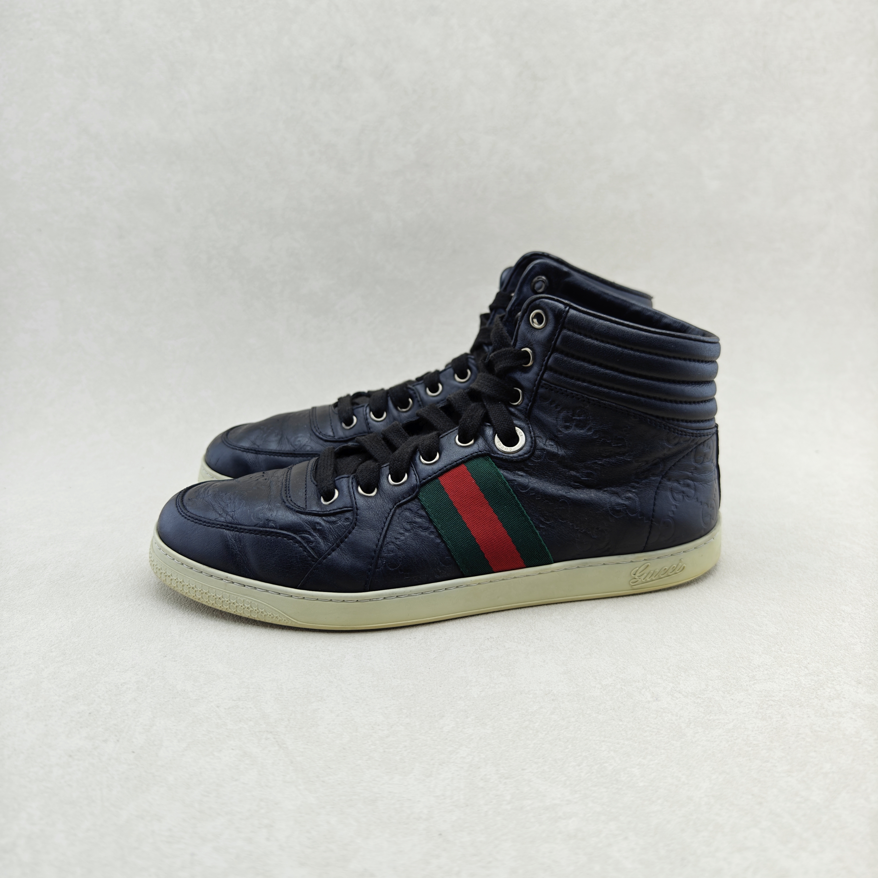 95新 GUCCI/古驰 42.5码/经典红绿条纹织带高帮时尚休闲板鞋/无盒