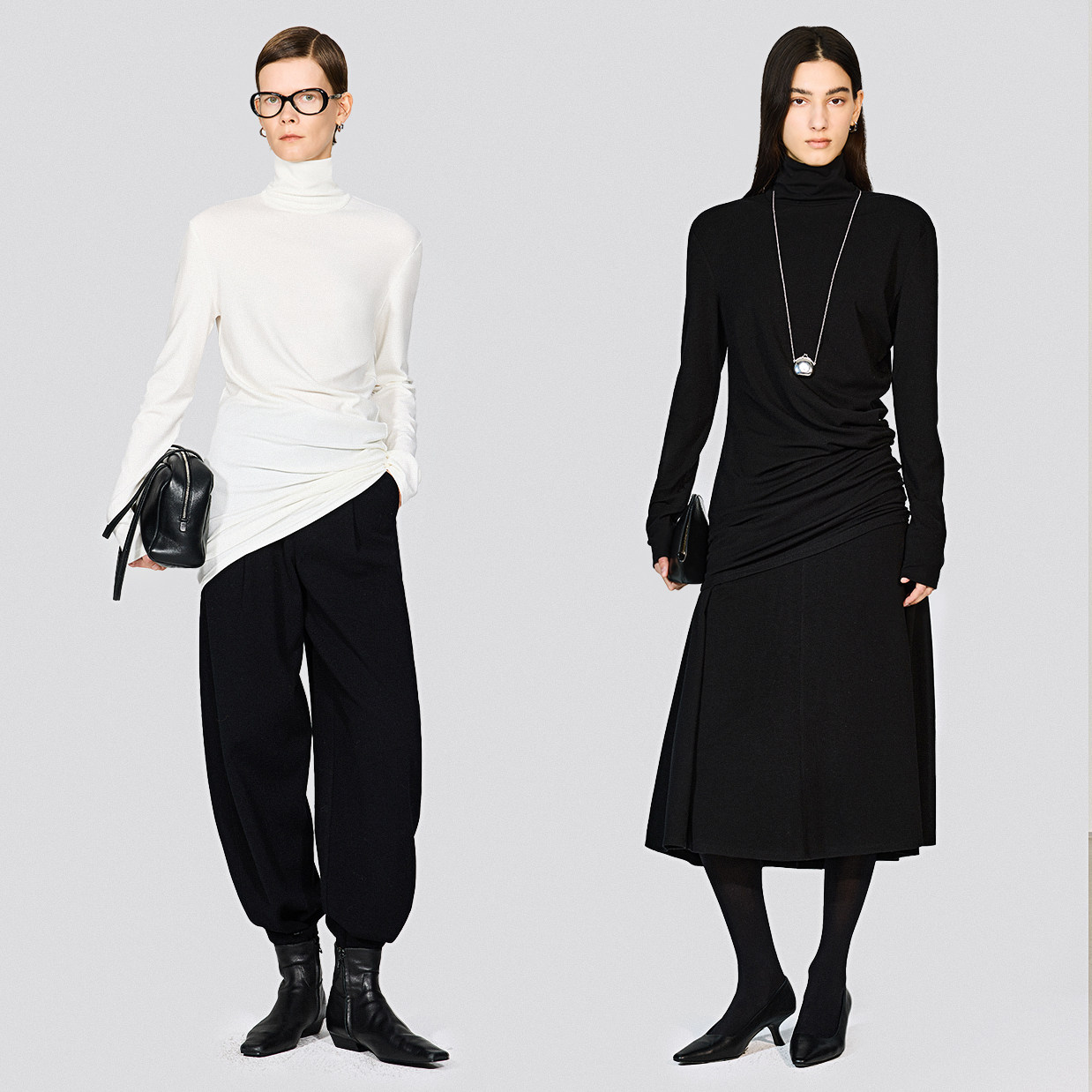 新品|高弹亲肤兰精天丝羊毛立裁高领不对称修身堆褶上衣A摆半裙