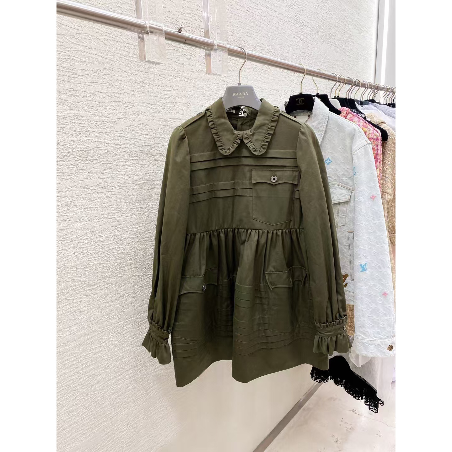 99新 MIU MIU/缪缪 Miumiu军绿色娃娃领连衣裙女衬衫裙女36码