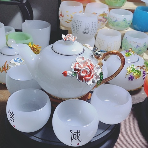 琉璃中式珐琅彩花开富贵一壶六杯礼盒套装