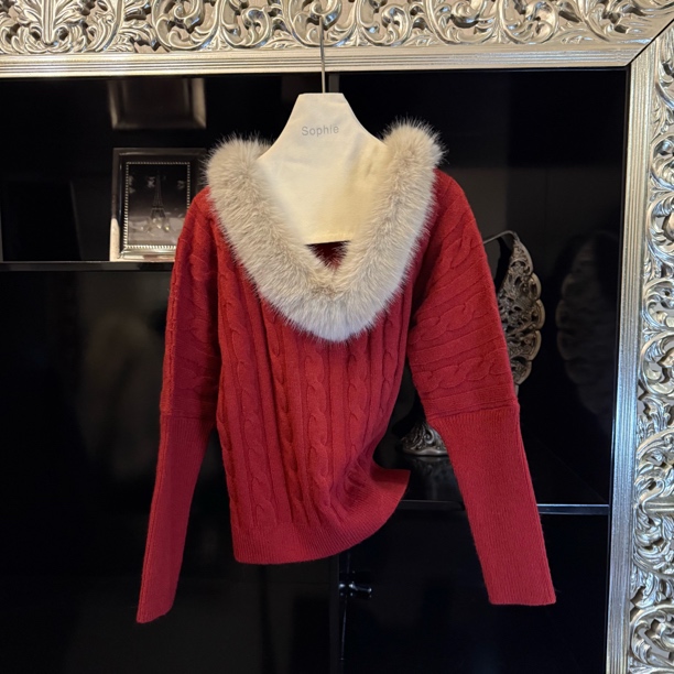 秋冬复古V领针织大毛领套头上衣076