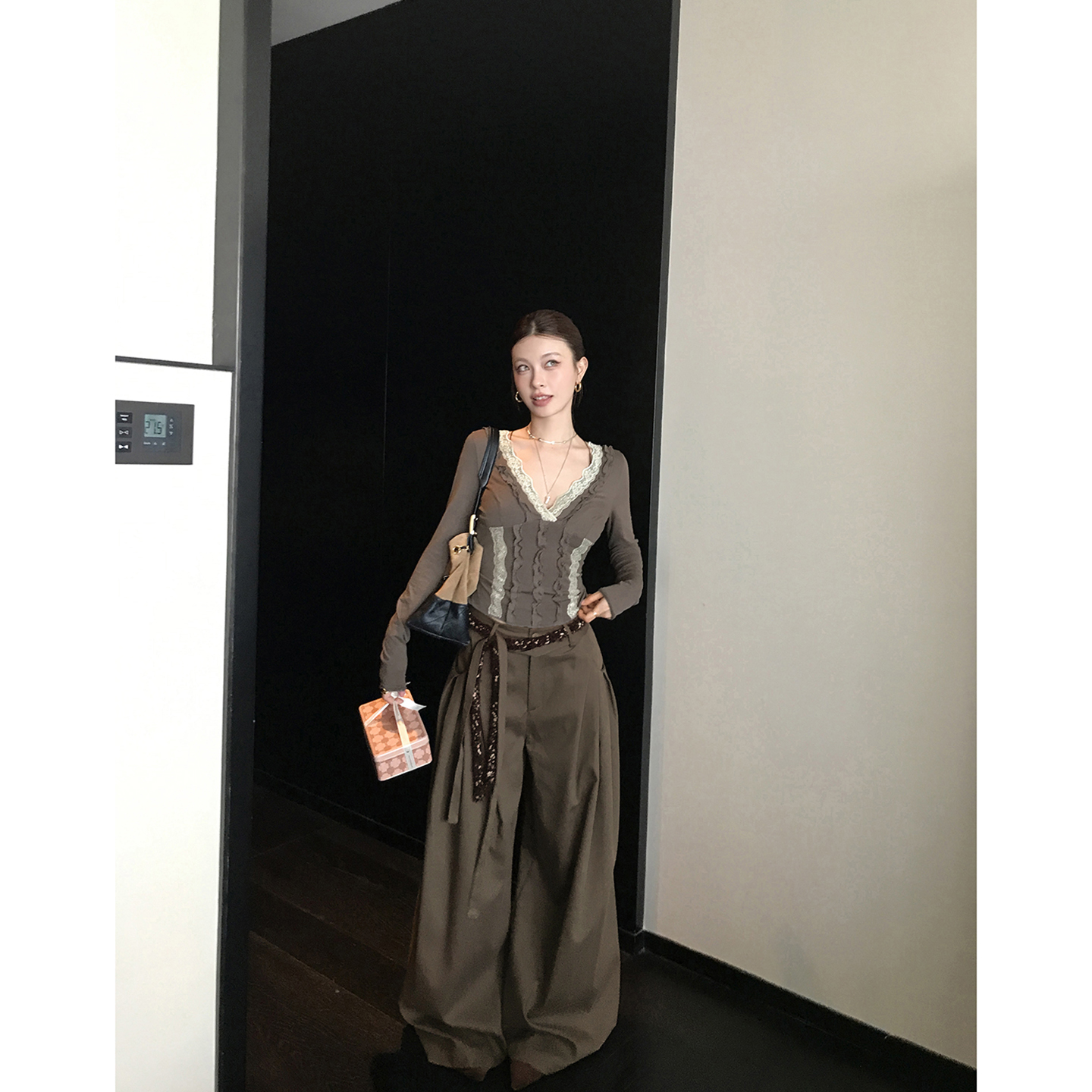 【漫步东京】褐色老钱风宽松休闲阔腿裤4561