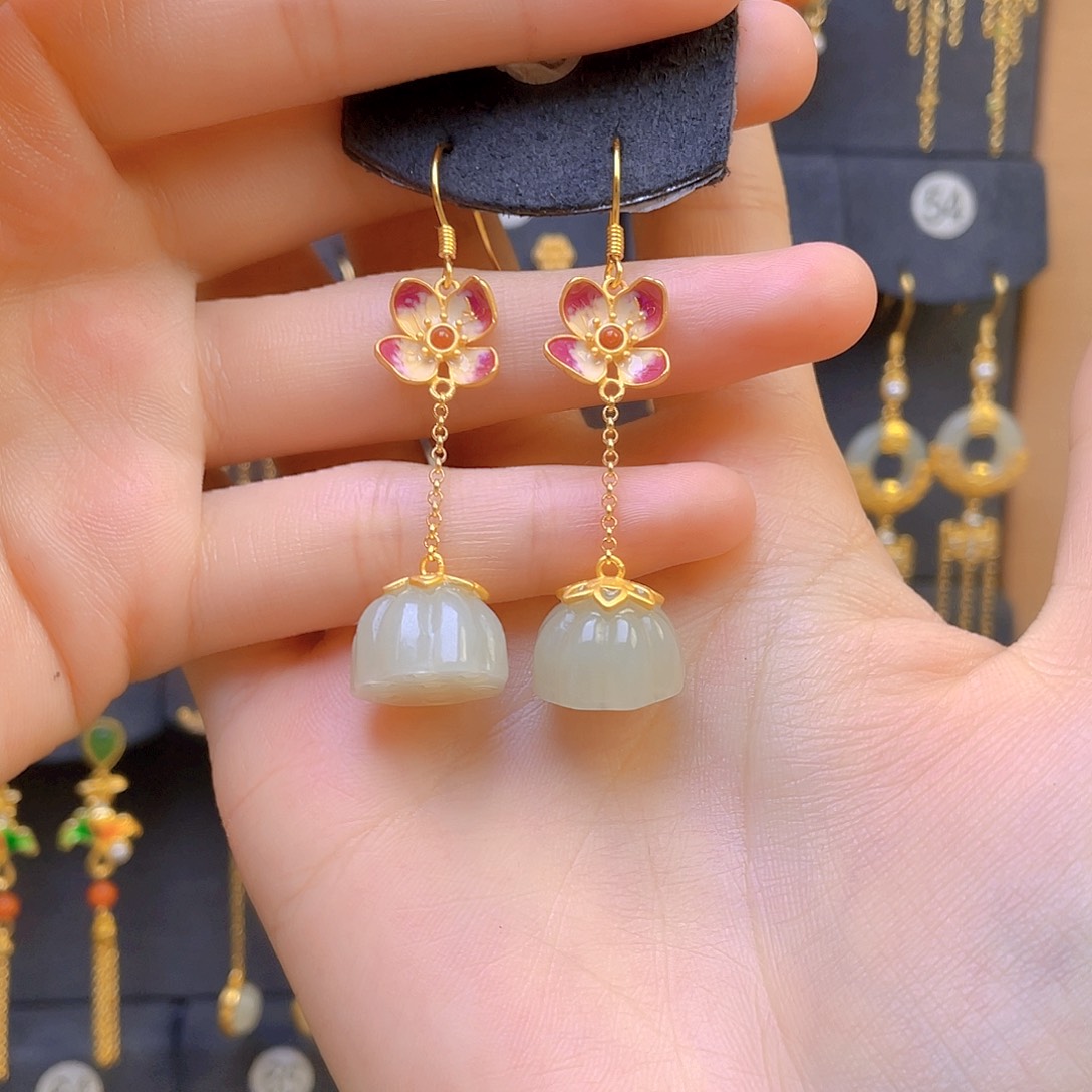 和田玉耳饰银S925镀金镶嵌