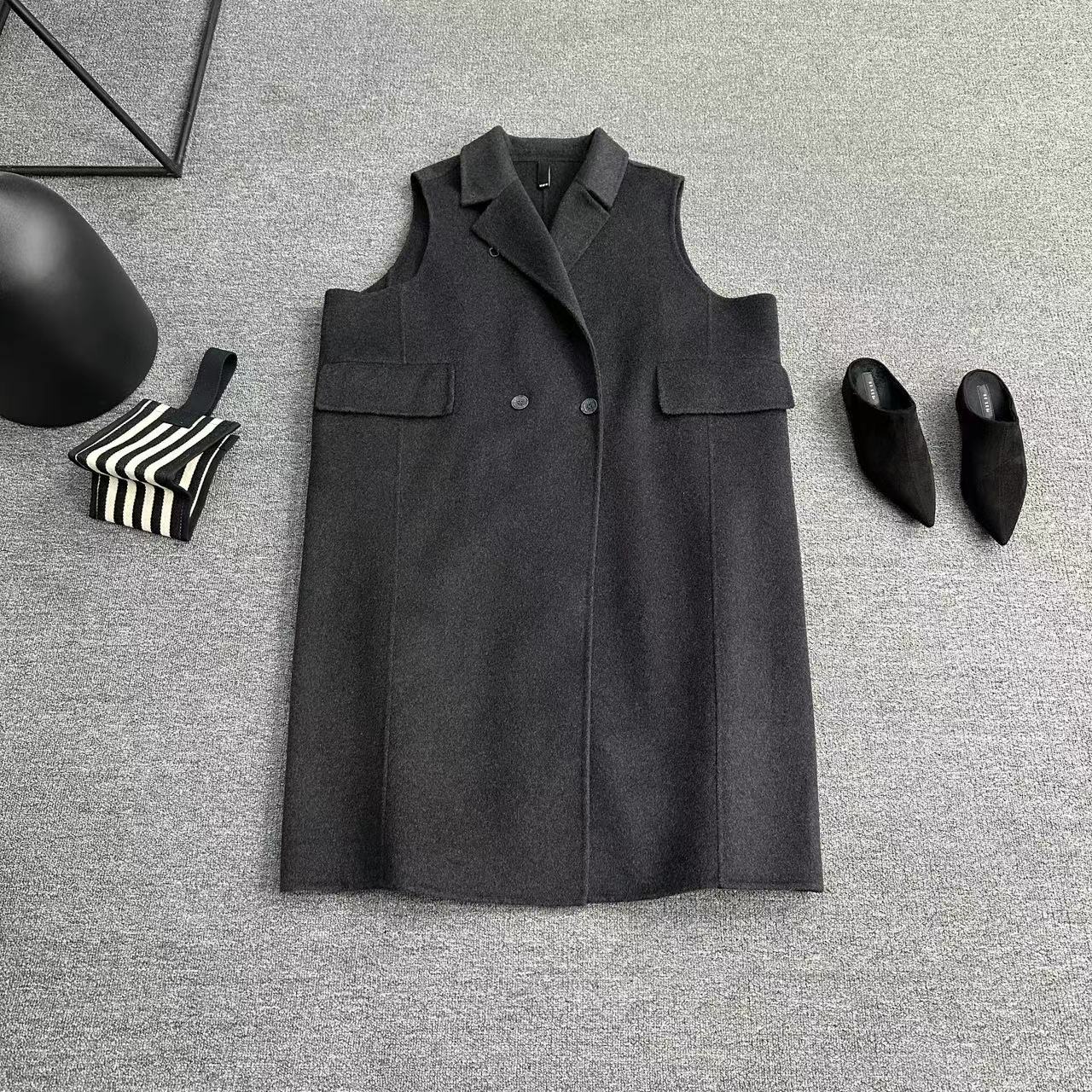 瑶睿安220斤纯手工双面绒过膝绵羊毛马甲长款马夹气质御姐301