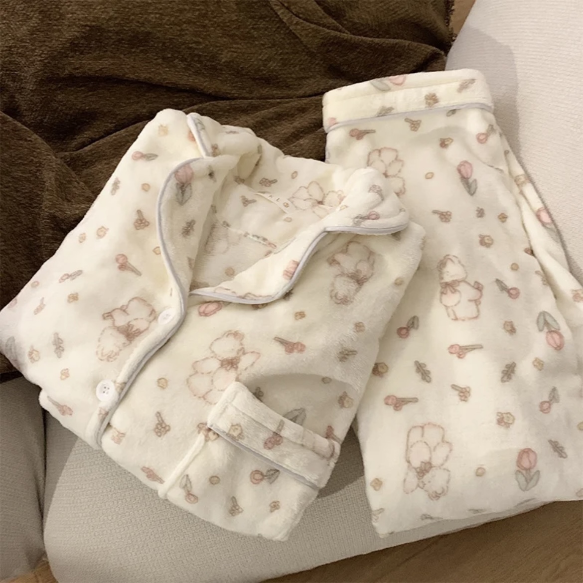 秋冬加厚法兰绒温柔系甜美郁金香兔子ins长袖长裤加绒保暖家居服