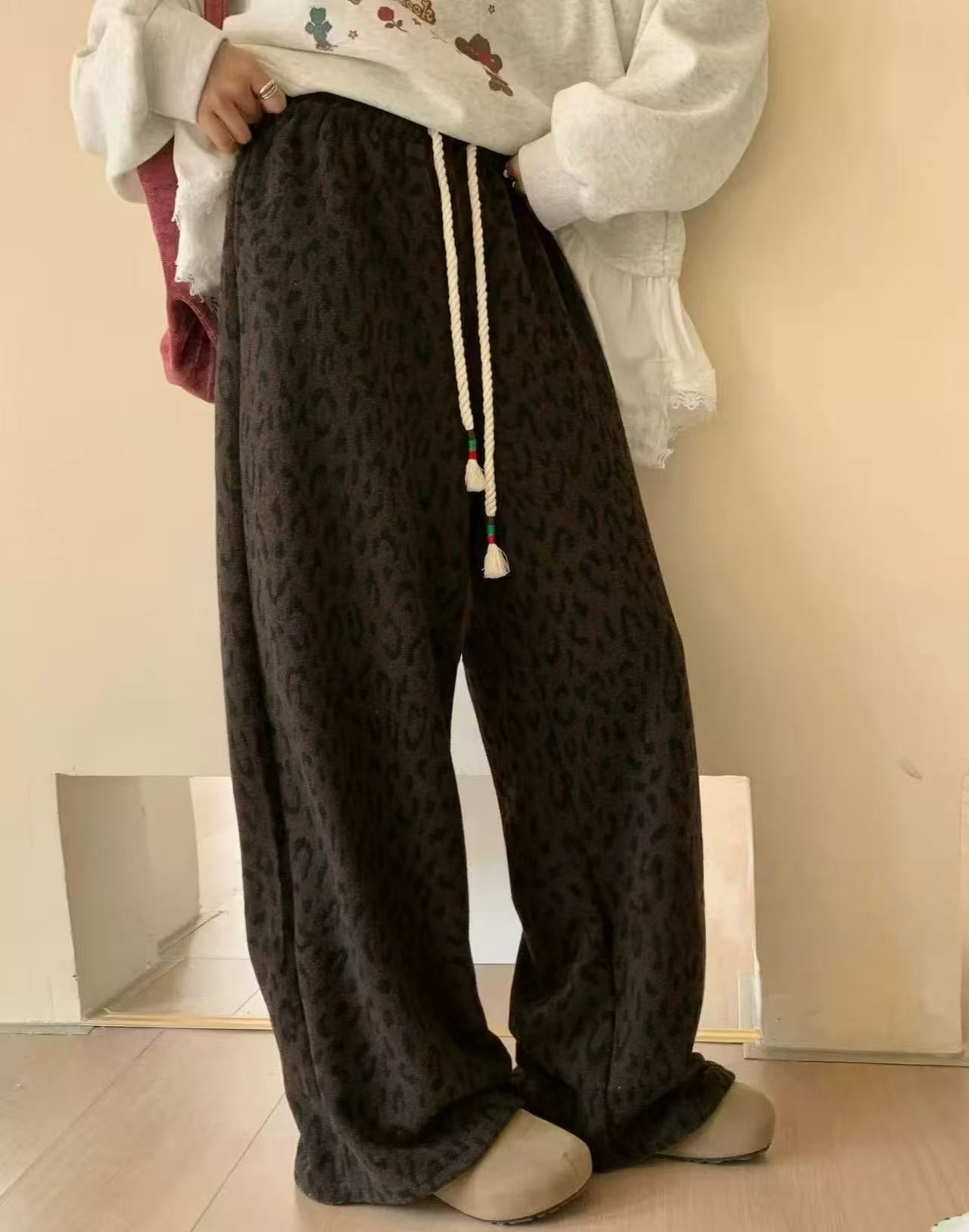 Z.X  松紧腰加绒豹纹毛呢阔腿裤  8115  