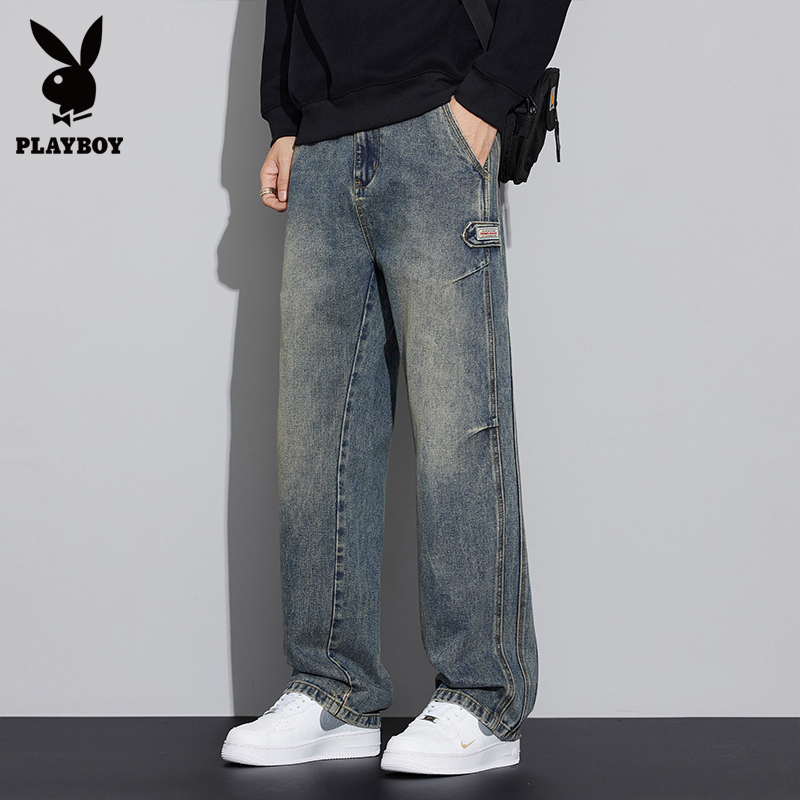 花花公子黄泥色美式潮流阔腿牛仔裤男2025秋冬新款高街百搭休闲裤