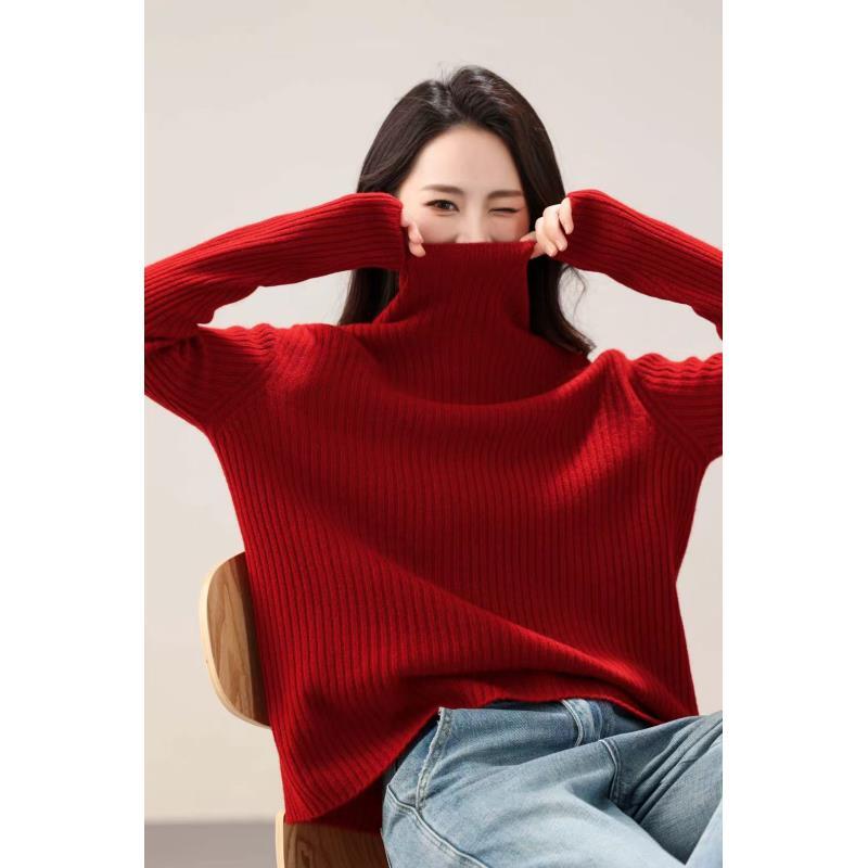 堆堆领100纯羊毛衫美丽诺羊毛打底衫抽条高领女针织毛衣宽松百搭