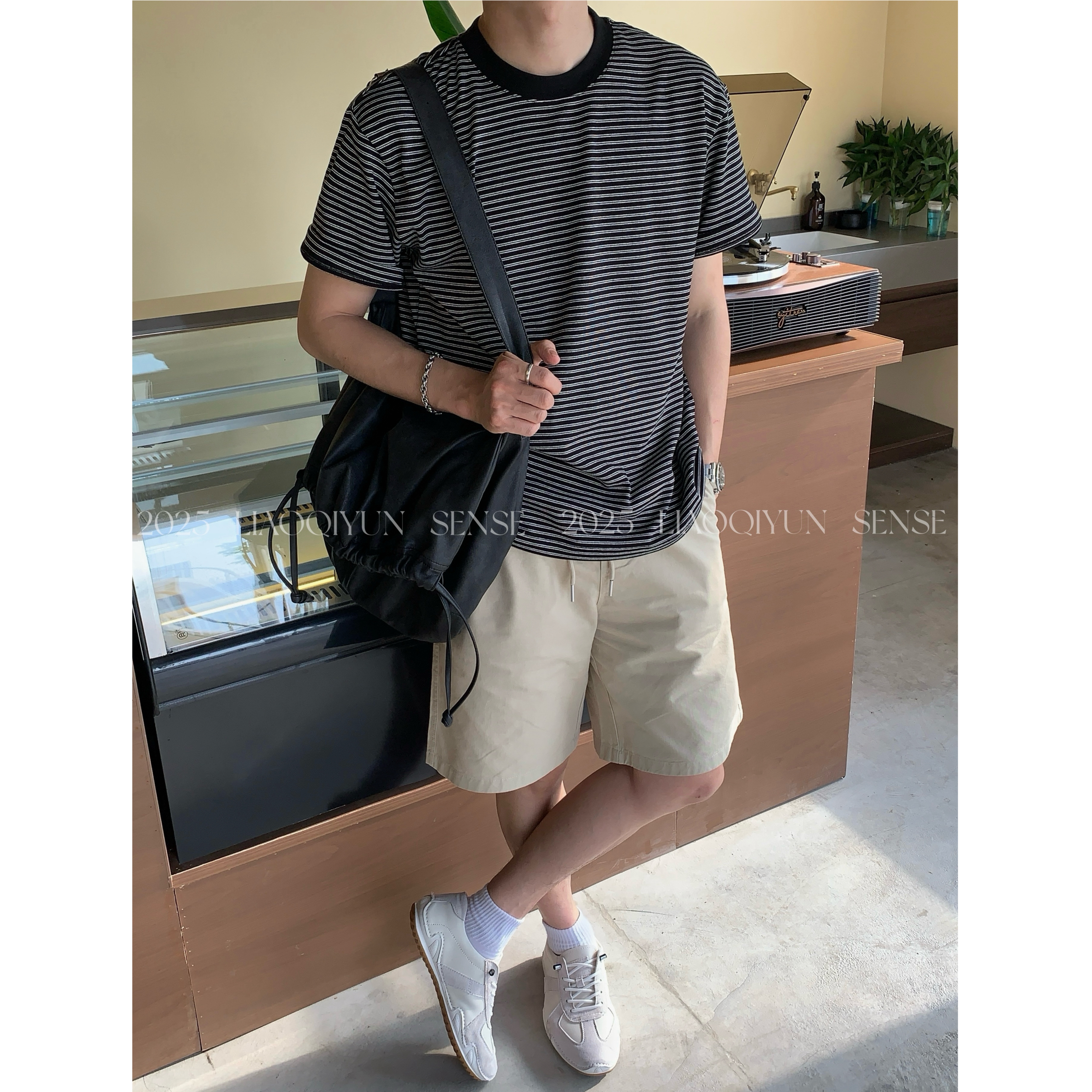 LIAOQIYUN/日系宽松黑白条纹休闲短袖T恤ins潮流夏季重磅Tee#515