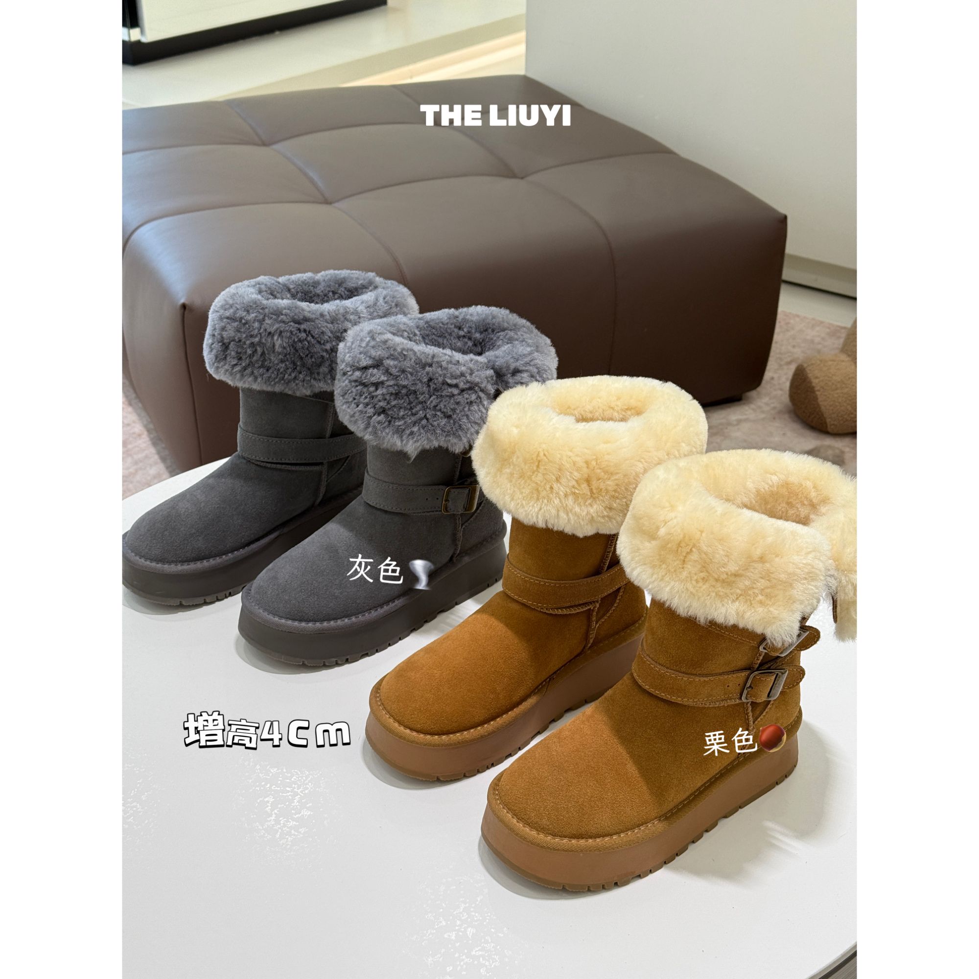 【LIUYI】新款皮扣显腿细真毛真皮高筒厚底雪地靴2837