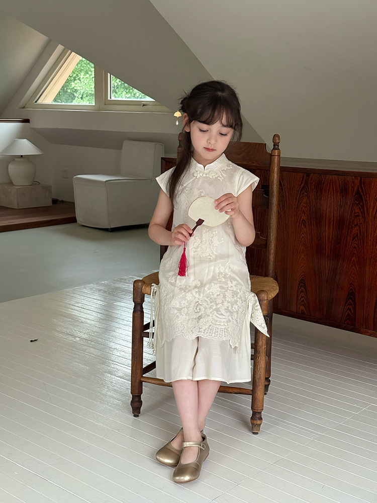 【新品】仙气汉服裙夏女童假两件中式国风绣花旗袍连衣裙25E019