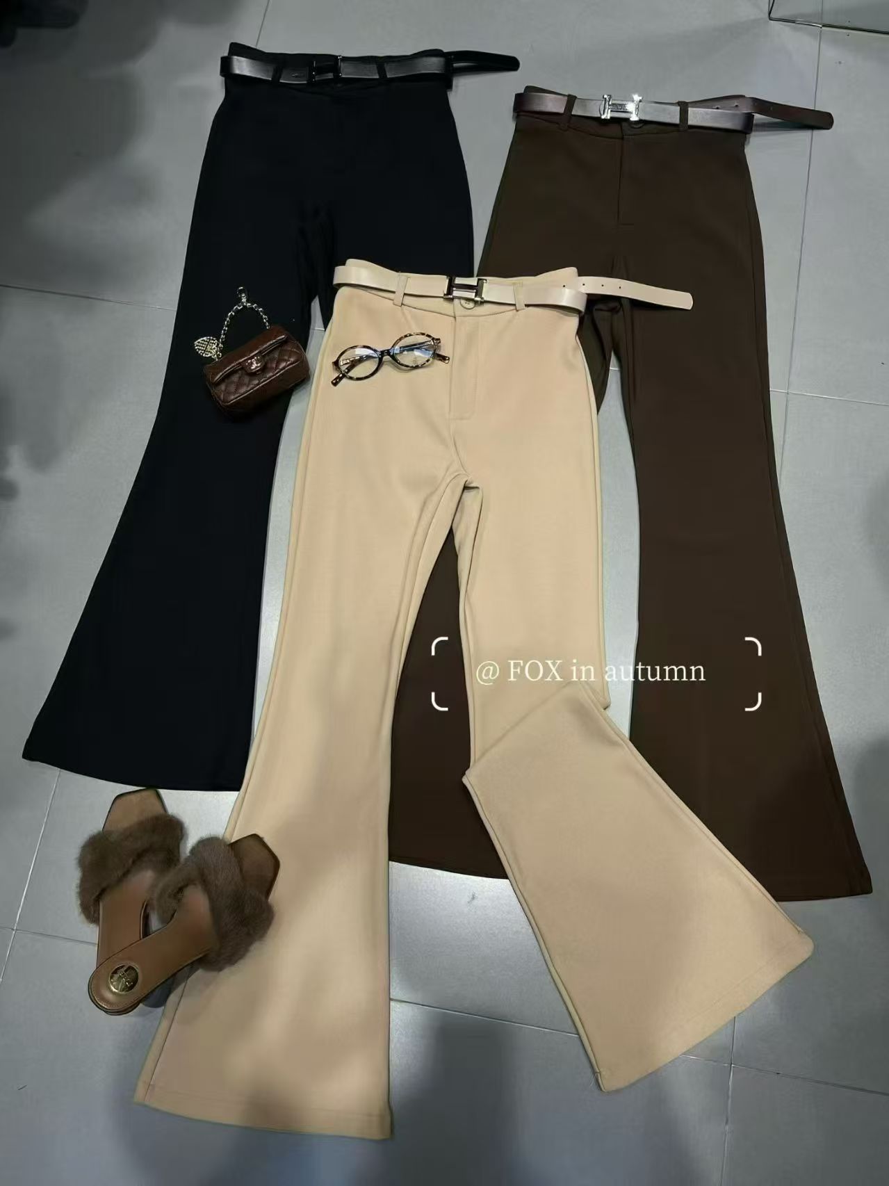 时尚显瘦高腰腰带款加绒微喇裤