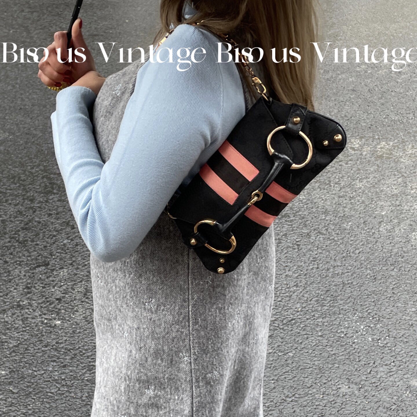 95新 GUCCI/古驰 gucci 黑粉 竹节 马衔扣 单肩包