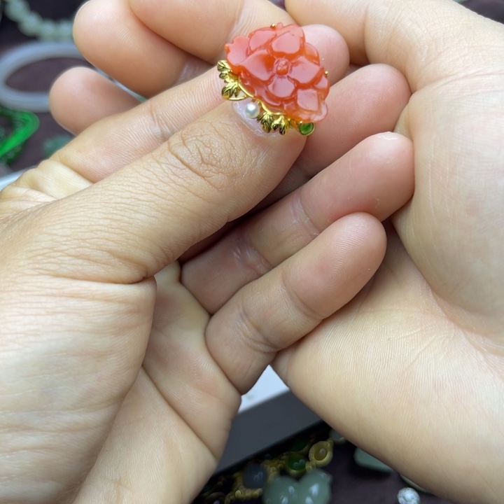 南红玛瑙戒指银S925镀金镶嵌