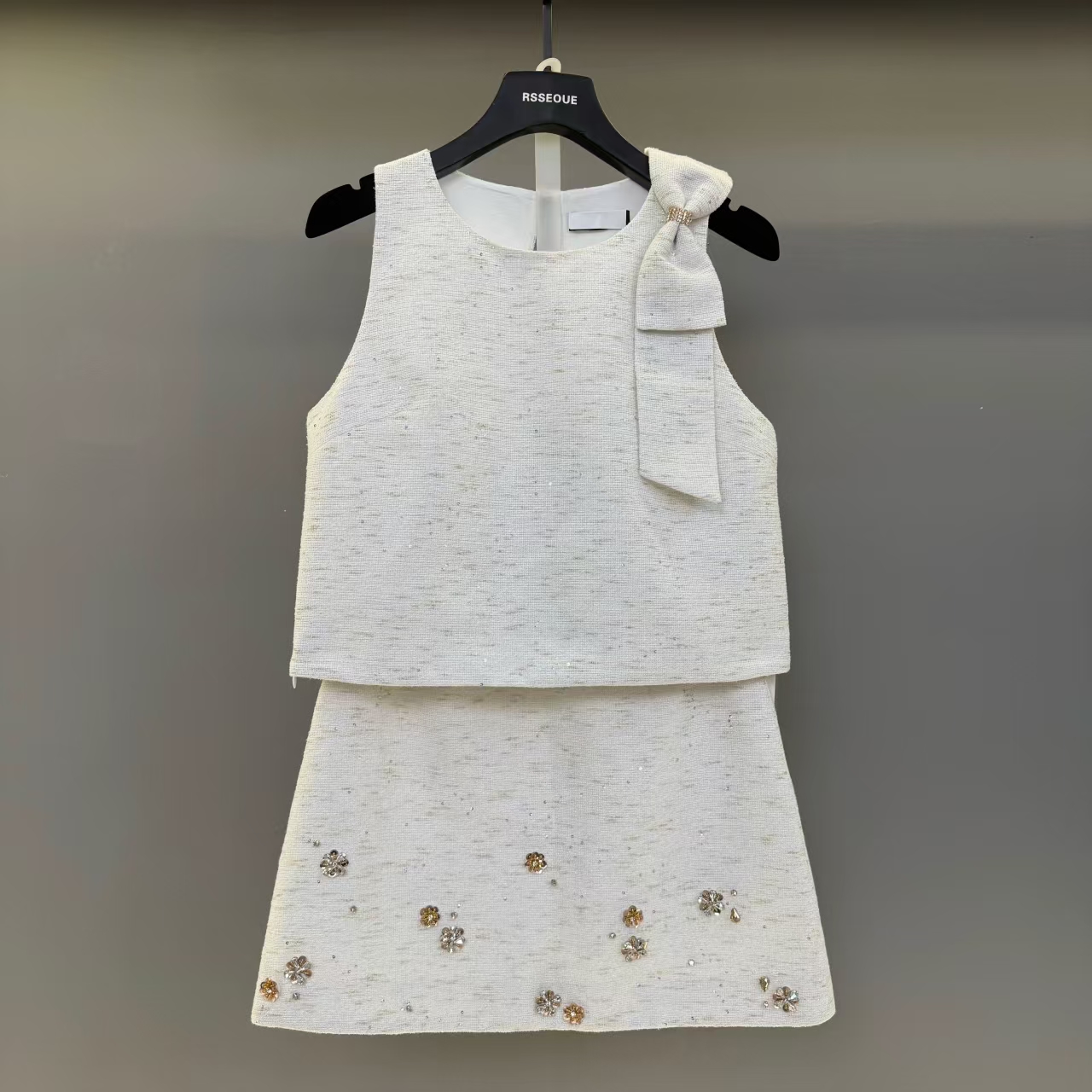 法式名媛亮片蝴蝶结无袖马甲背心上衣+短裙子小香风套装女