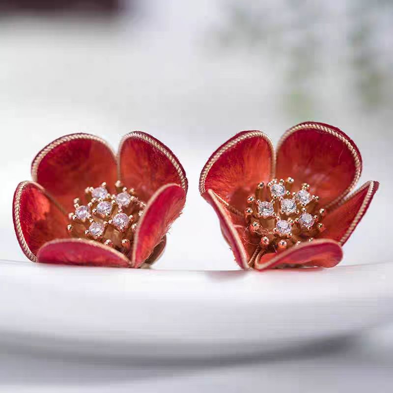 226 红色木棉花耳环蚕丝点翠非遗掐丝绒花日常旗袍百搭