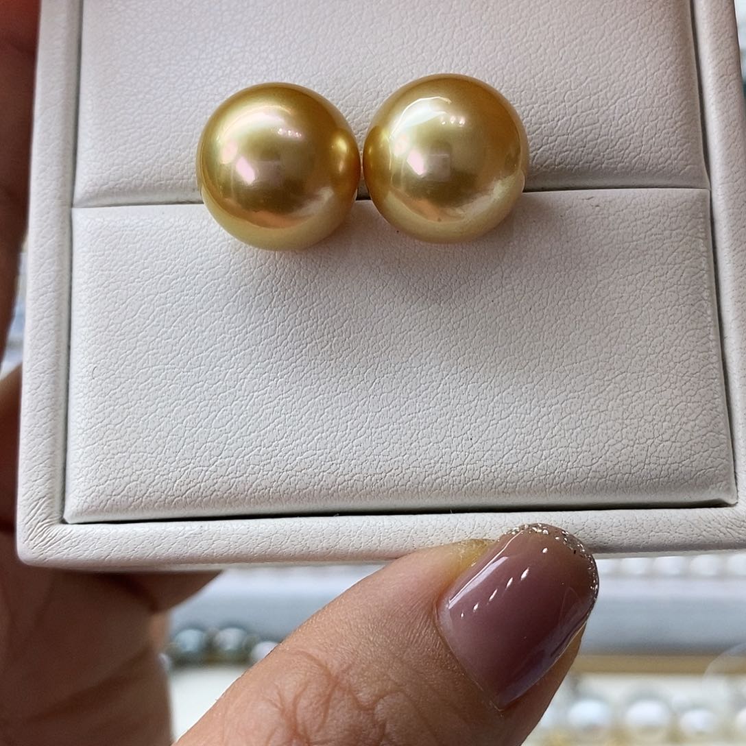 海水珍珠耳饰18K金镶嵌南洋金珠13-14m m