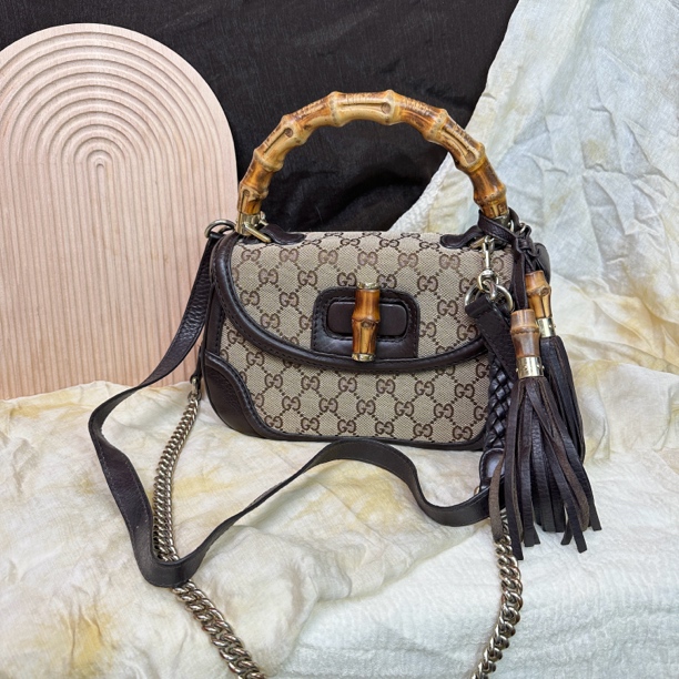 95新 GUCCI/古驰 老花中古竹节手柄流苏斜挎包
