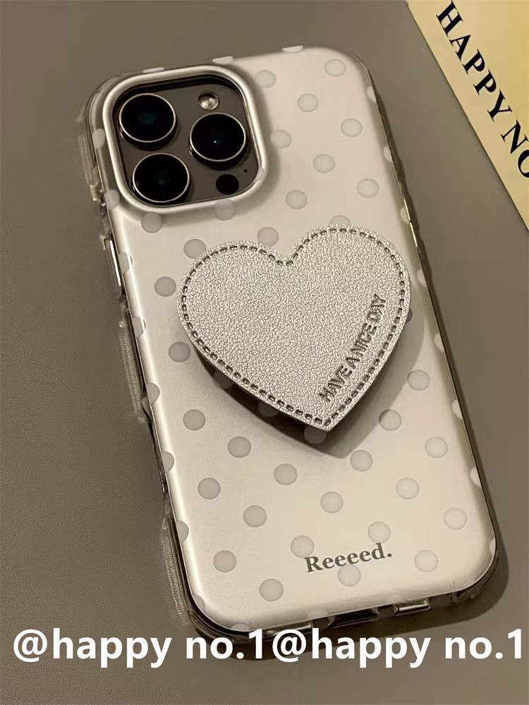 可爱电镀灰波点爱心支架适用苹果16iPhone15pro Max手机壳防摔14p