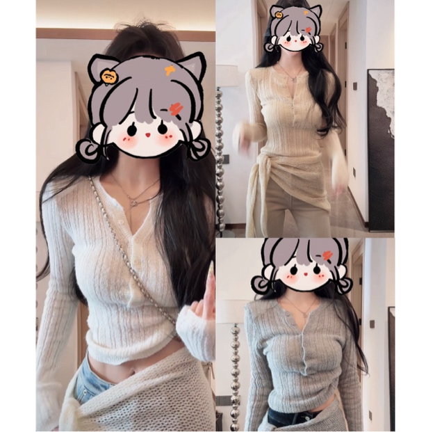 【XU·JING】灰色/杏色/奶白色两件套蕾丝针织小扣气质长袖镂空小衫