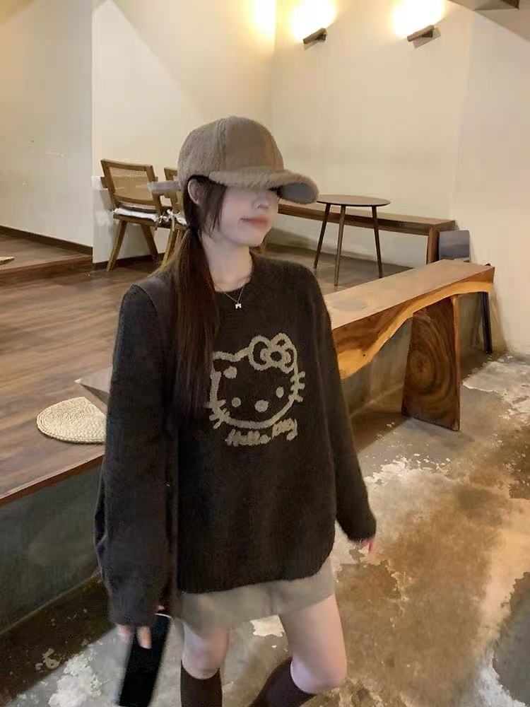 大码减龄kt猫刺绣圆领毛衣女韩系慵懒风宽松百搭显瘦长袖针织上衣