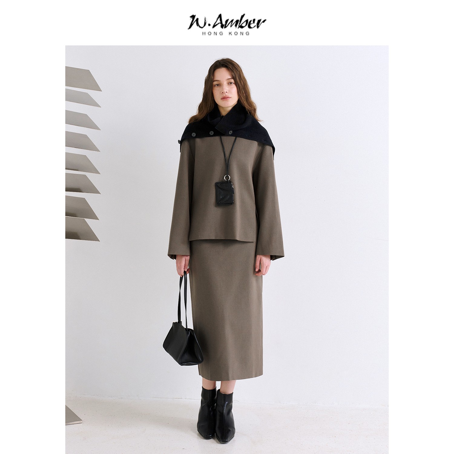 W.Amber羊毛混纺圆领长袖上衣/高腰半身裙2025秋季新款两件套装女